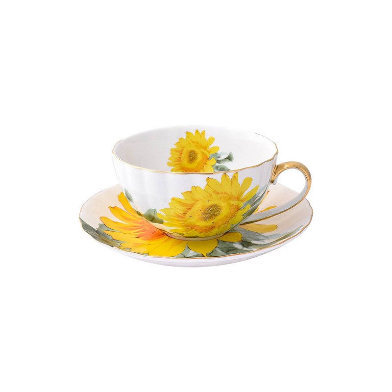 Creative sunflower coffee cup and saucer set home office flower cup English style gold edge bone china cup custom logo