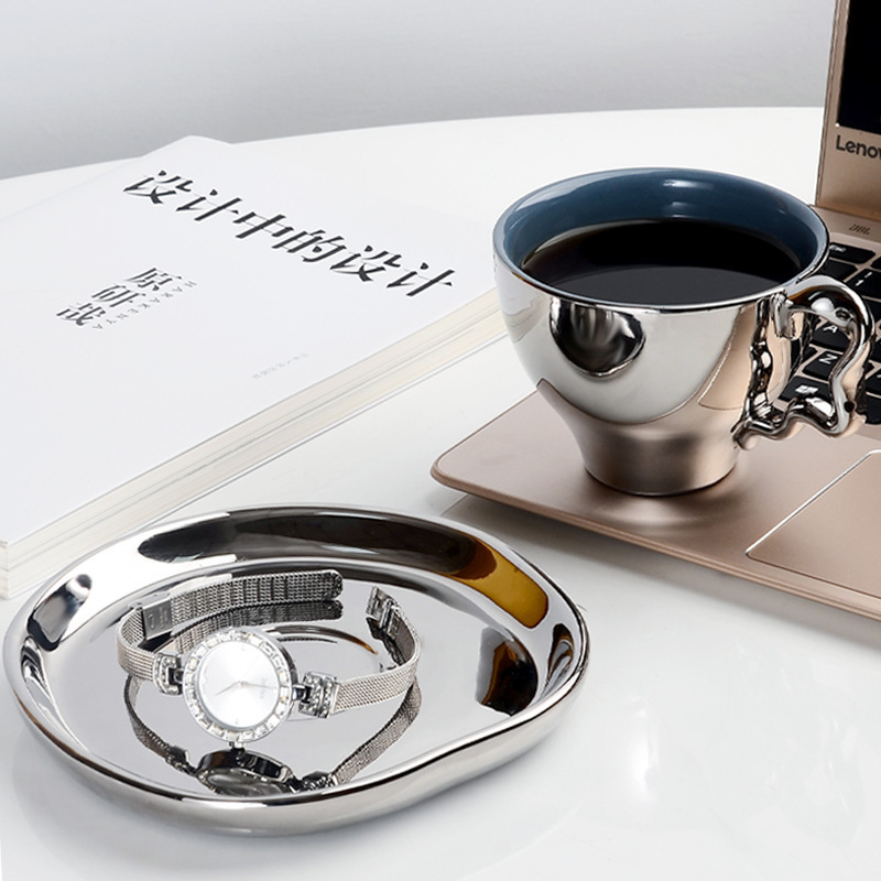 Wholesale Nordic Style New Coffee Holder Saucer Set Electroplated Safety Cup with Handle Silver Ceramic Mug