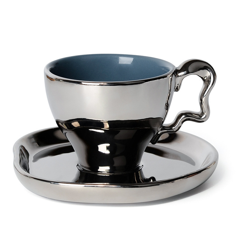 Wholesale Nordic Style New Coffee Holder Saucer Set Electroplated Safety Cup with Handle Silver Ceramic Mug