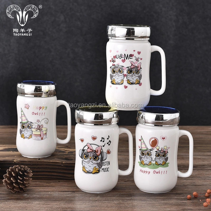 customized cute cartoon design ceramic thermos cup with handle