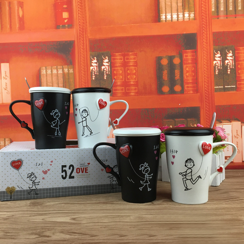 Valentines day mug ceramic tall couple mug with lid and spoon in gift packaging for gift