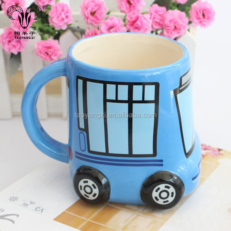 eco-friendly and safety cartoon colorful bus shape ceramic milk mug for children