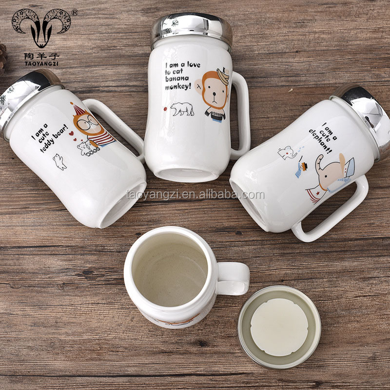 customized cute cartoon design ceramic thermos cup with handle