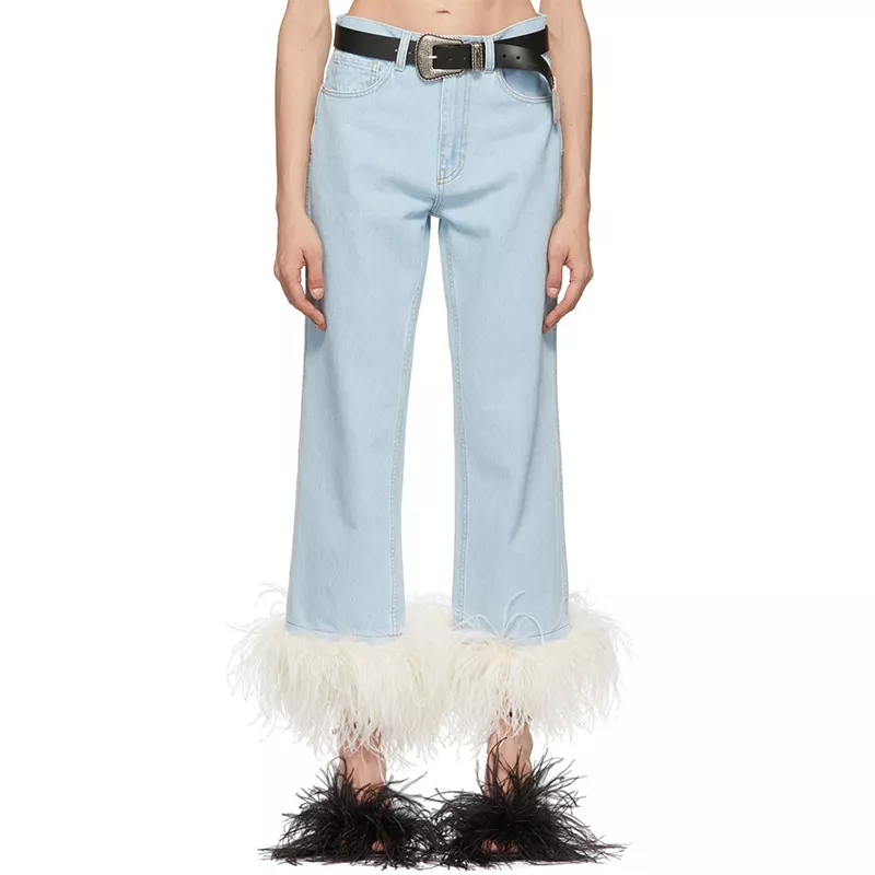 Fashion Women Blue Zipper Five-pocket Styling Denim Pants Detachable Ostrich Feather Cropped Jeans