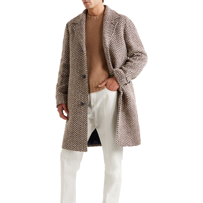 Herringbone Wool Trench Coat Winter Fashion Overcoat OEM Customized Made High Quality Men Custom Packing Slim Woven Regular Fit