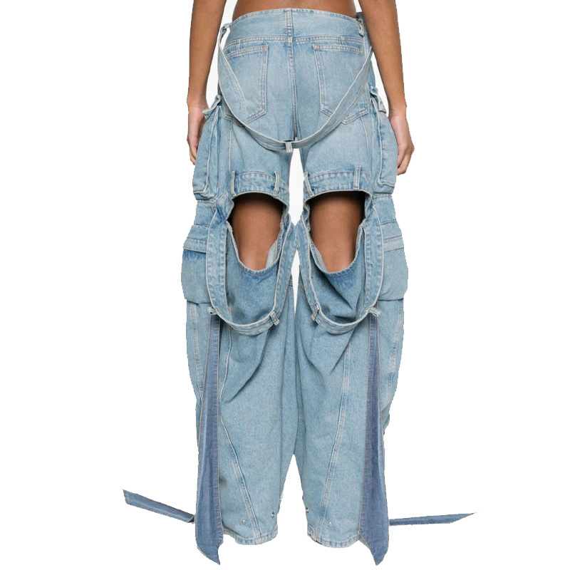 OEM High quality sky blue sash decorated wash jeans multiple cargo pockets decorated wide leg pants cutout design cargo pants