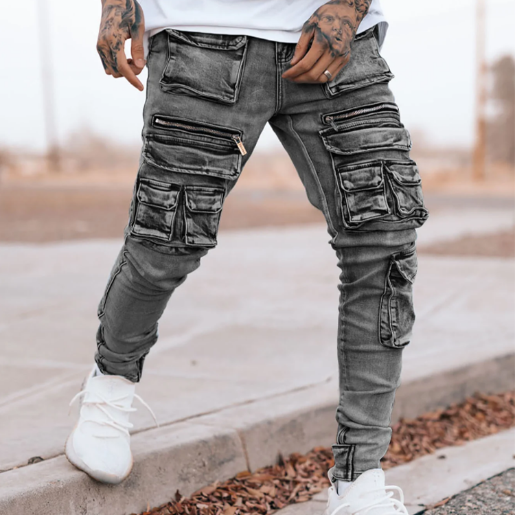 Wholesale skinny multiple 3D pockets high quality custom stretch denim stacked fashion men's cargo jeans