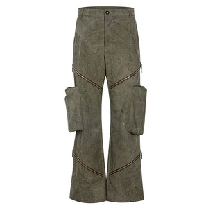 Custom Mens Trousers Casual Cargo Pants Cotton Zipper Washed Flared Pants