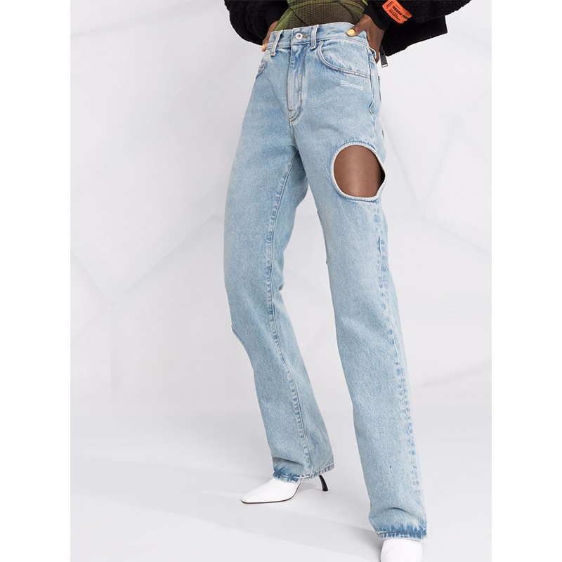 OEM women denim jeans loose jeans high waist zip fly classic five pockets straight leg jeans with hole