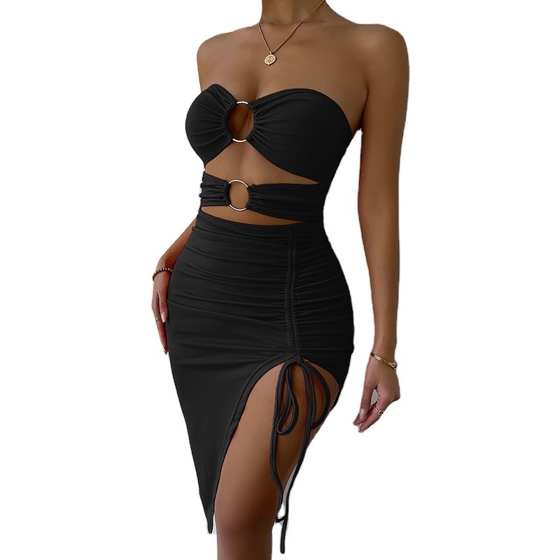 Fashion Women Sexy Collarless Cut Out O-ring Design Front Split Thigh Tube Bodycon Midi Dresses