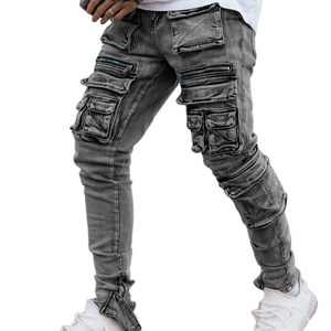 Wholesale skinny multiple 3D pockets high quality custom stretch denim stacked fashion men's cargo jeans