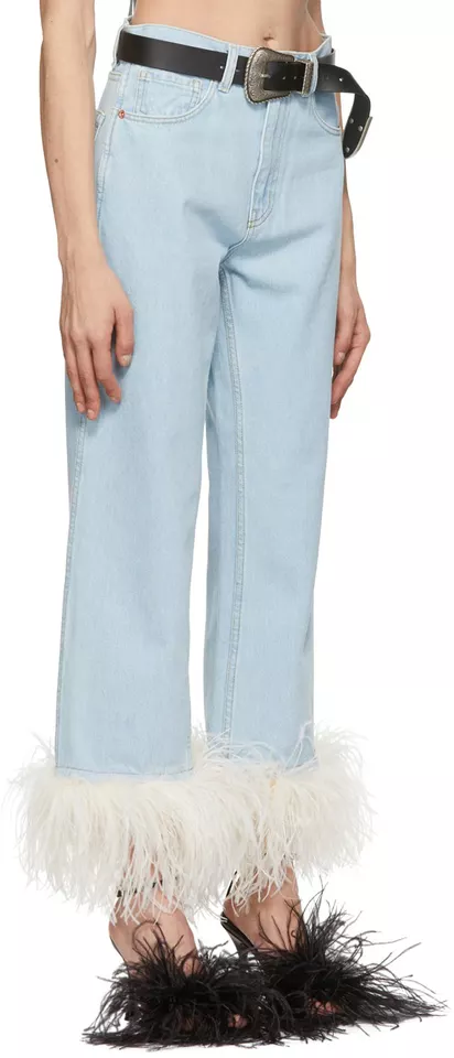 Fashion Women Blue Zipper Five-pocket Styling Denim Pants Detachable Ostrich Feather Cropped Jeans