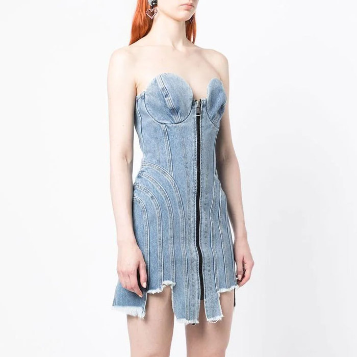 Sexy hot girl women sleeveless front zip up corset denim dress backless frayed hem faded washed light blue cotton mini dress