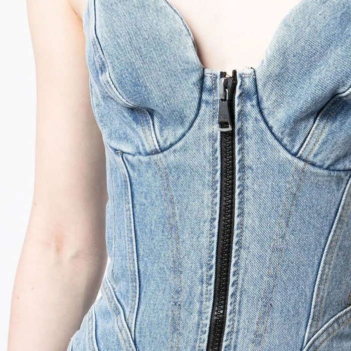 Sexy hot girl women sleeveless front zip up corset denim dress backless frayed hem faded washed light blue cotton mini dress