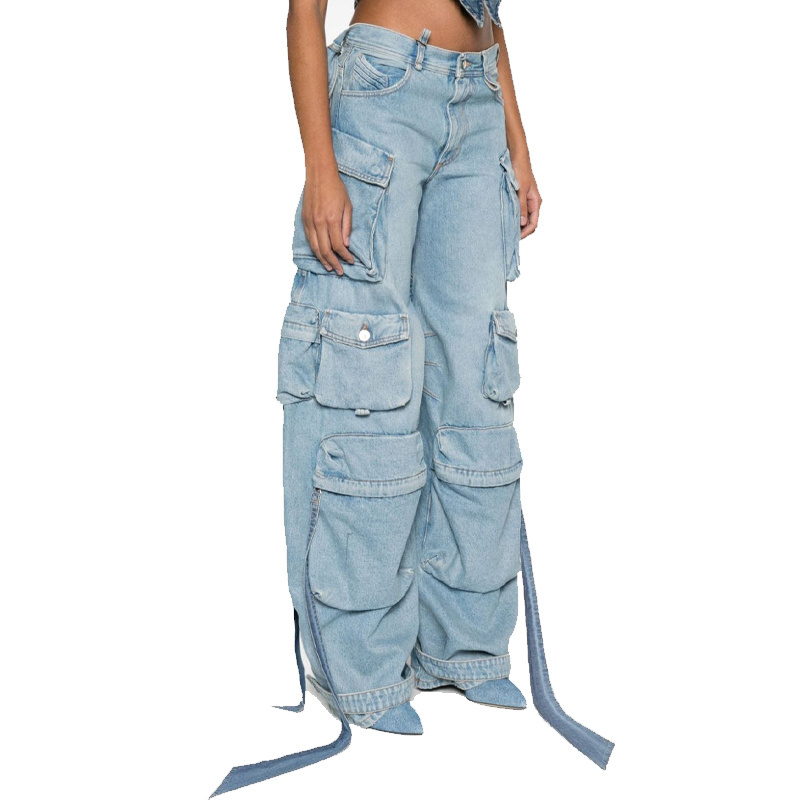 OEM High quality sky blue sash decorated wash jeans multiple cargo pockets decorated wide leg pants cutout design cargo pants