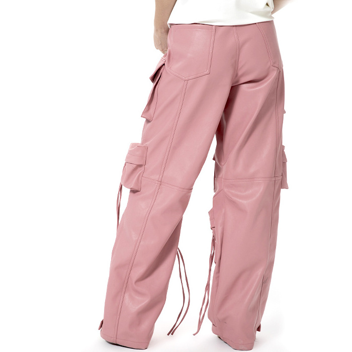 Hip Hop Women High Waist Multi Utility Pockets Straight Leg Cargo Pants Punk Style Pink Faux Leather Baggy Stacked Trousers