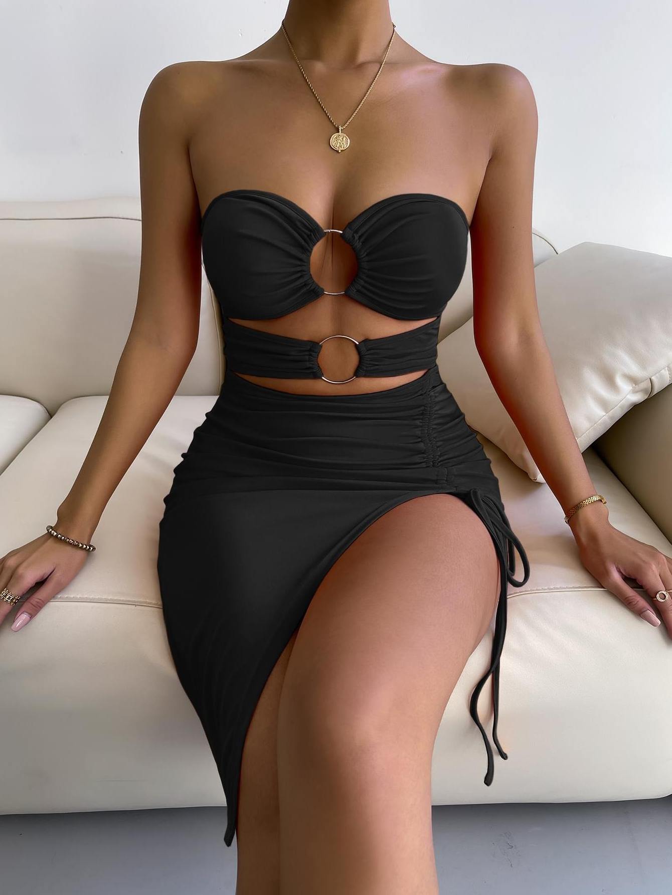 Fashion Women Sexy Collarless Cut Out O-ring Design Front Split Thigh Tube Bodycon Midi Dresses