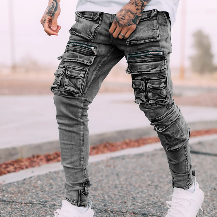 Wholesale skinny multiple 3D pockets high quality custom stretch denim stacked fashion men's cargo jeans