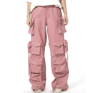 Hip Hop Women High Waist Multi Utility Pockets Straight Leg Cargo Pants Punk Style Pink Faux Leather Baggy Stacked Trousers