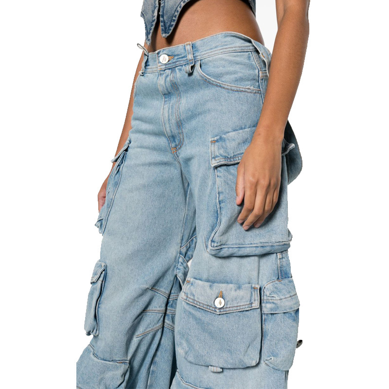 OEM High quality sky blue sash decorated wash jeans multiple cargo pockets decorated wide leg pants cutout design cargo pants