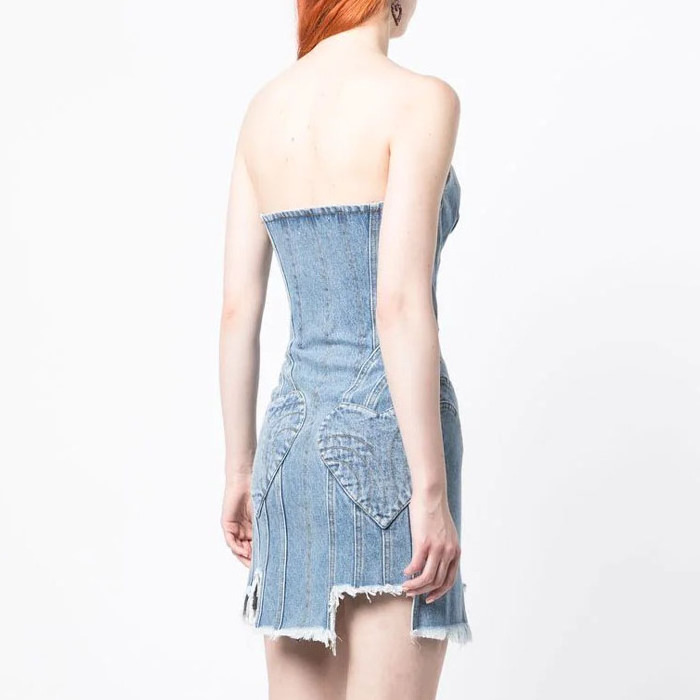 Sexy hot girl women sleeveless front zip up corset denim dress backless frayed hem faded washed light blue cotton mini dress