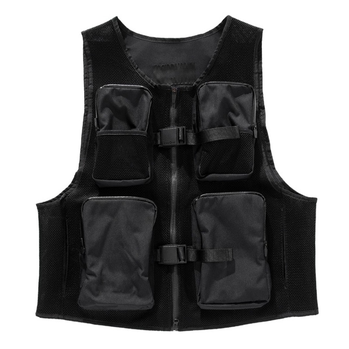 Black crew neck sleeveless front zip closure with fidlock buckle mesh vest multi utility pockets 100%polyester work vest for men