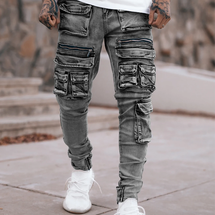 Wholesale skinny multiple 3D pockets high quality custom stretch denim stacked fashion men's cargo jeans