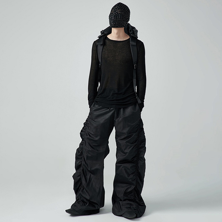 Custom Nylon Baggy Light Weight Parachute Cargo Black Stacked Pants Men