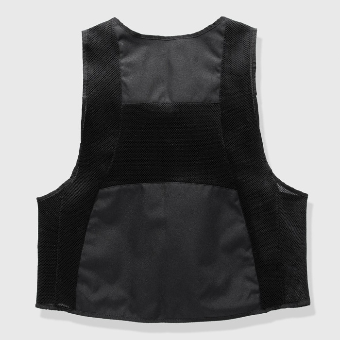 Black crew neck sleeveless front zip closure with fidlock buckle mesh vest multi utility pockets 100%polyester work vest for men