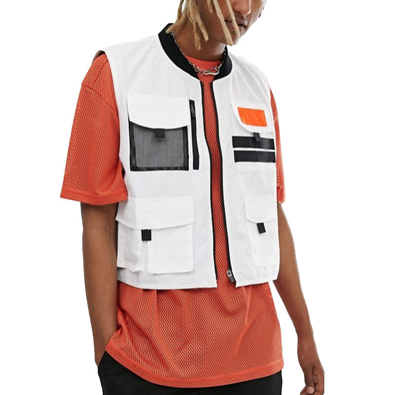 OEM Service Wholesale Men's Casual Cropped Utility Style Pockets Baseball Collar Vest In White