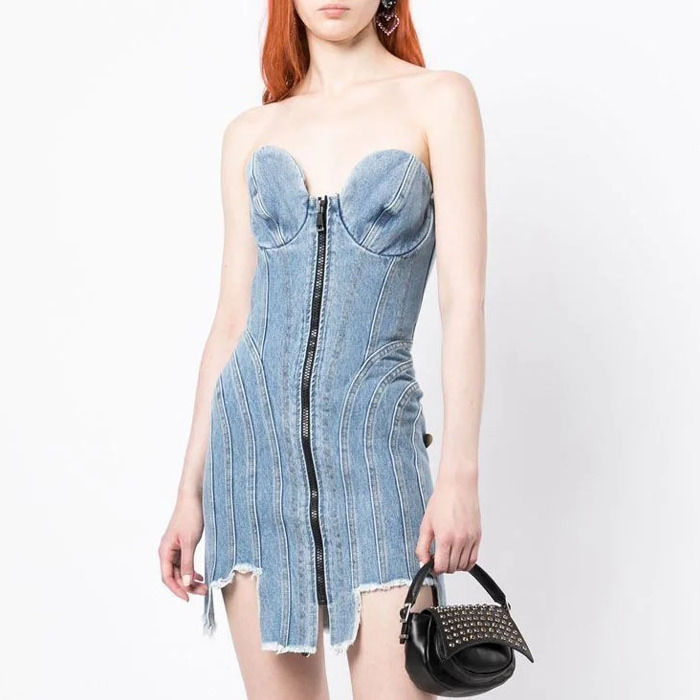 Sexy hot girl women sleeveless front zip up corset denim dress backless frayed hem faded washed light blue cotton mini dress