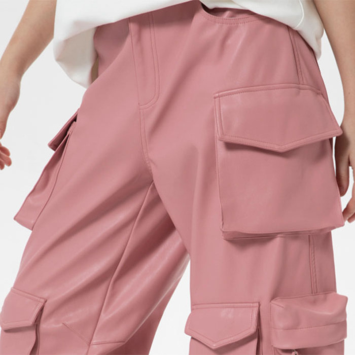 Hip Hop Women High Waist Multi Utility Pockets Straight Leg Cargo Pants Punk Style Pink Faux Leather Baggy Stacked Trousers