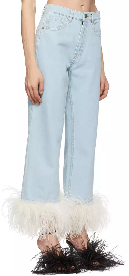 Fashion Women Blue Zipper Five-pocket Styling Denim Pants Detachable Ostrich Feather Cropped Jeans