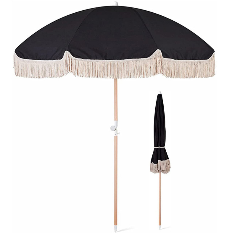 Hot Sale Outdoor Beach Umbrellas With Tassels Custom Wood Pole Beach Parasols Wholesale Sunshade