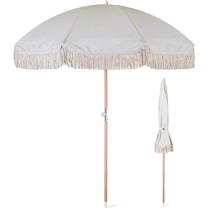 Hot Sale Outdoor Beach Umbrellas With Tassels Custom Wood Pole Beach Parasols Wholesale Sunshade