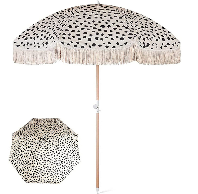 Hot Sale Outdoor Beach Umbrellas With Tassels Custom Wood Pole Beach Parasols Wholesale Sunshade