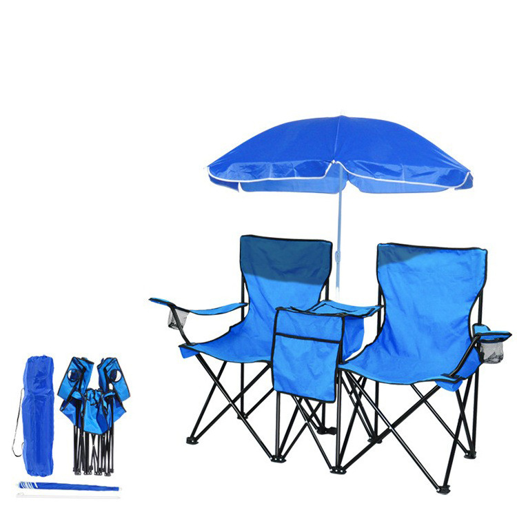 Factory Custom Wholesale Portable double outdoor folding large beach chair with umbrella and cooler bag for camping