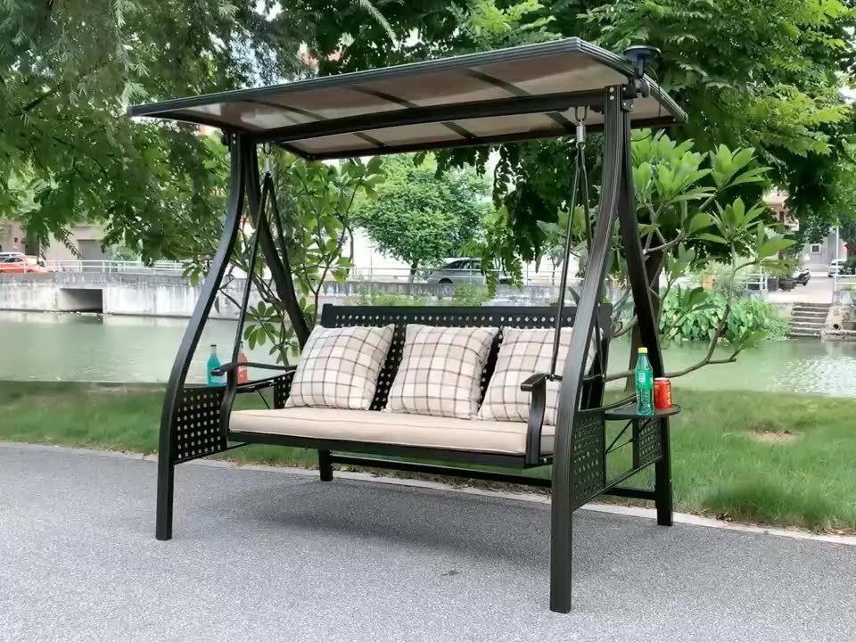 3-Seat Deluxe Outdoor Patio Porch Swing with Weather Resistant Steel Frame, Adjustable Tilt Canopy, Cushions and Pillow