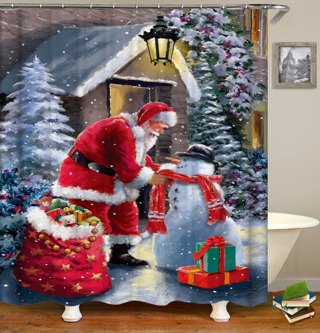 Wholesale Cute Santa Claus Polyester Christmas Bath Mat Set 180X180 Shower Curtain