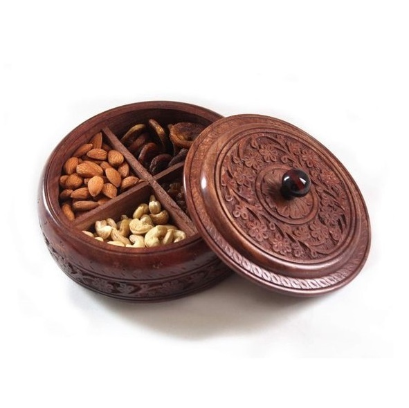 Wooden Handicraft Round Brass Embossed Spice Box Masala Dabba Indian spice box hand carving