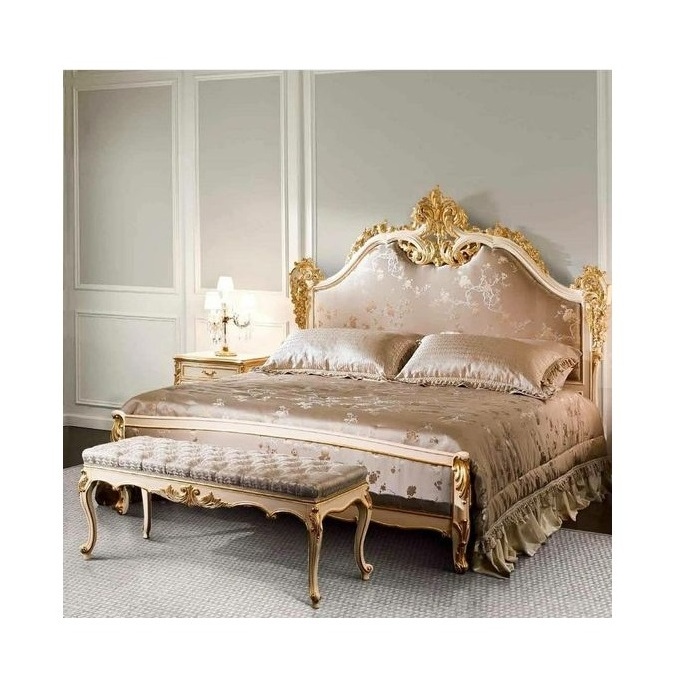 European Golden Solid Wood Furniture Hand Carving Canopy Bed King Size Classical Luxury Gold Bedroom