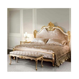 European Golden Solid Wood Furniture Hand Carving Canopy Bed King Size Classical Luxury Gold Bedroom