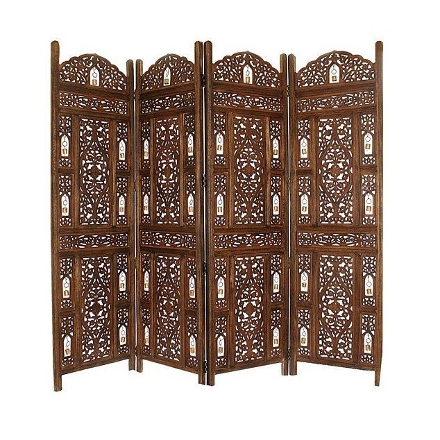 Handcrafted 4 Panel Wooden Partition for Living Room Wooden Divider for Living Room