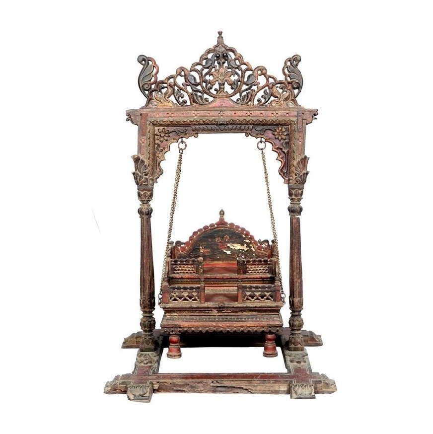 Antique Brown Finish Wooden Carved Swing Jhula Heavy Hand Carved Indian Teak Wood Swing Traditional Maharaja Handcrafted Swing