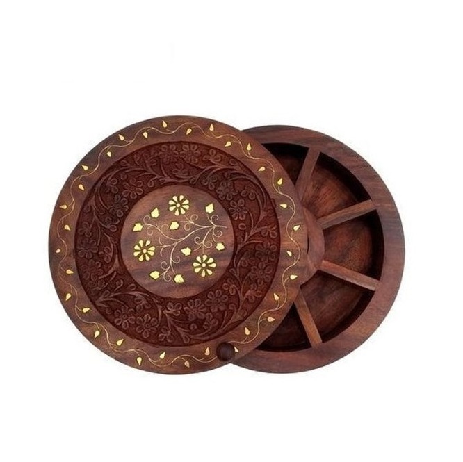 Wooden Handicraft Round Brass Embossed Spice Box Masala Dabba Indian spice box hand carving