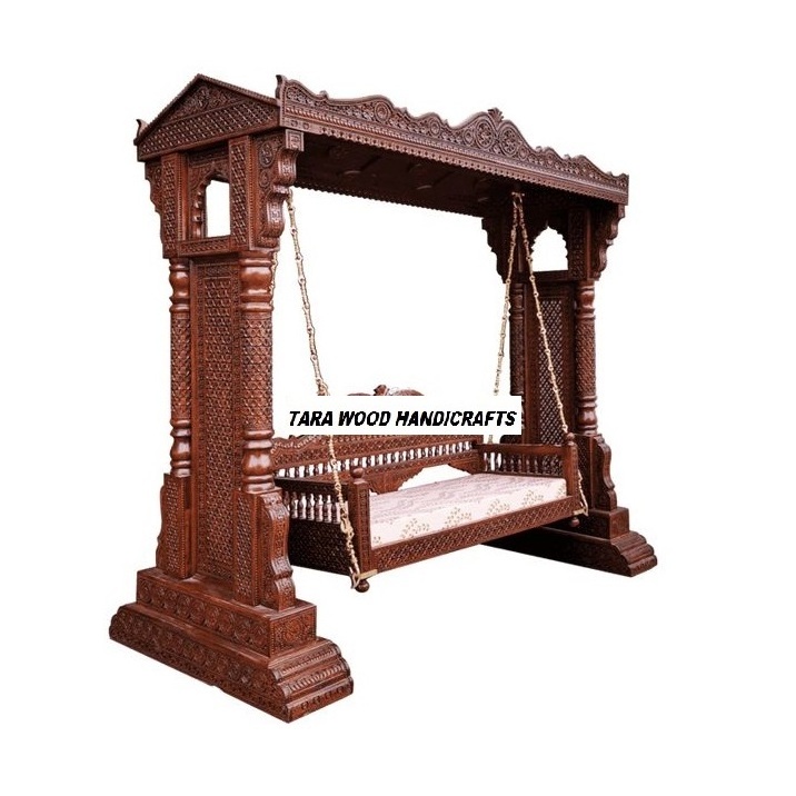 Antique Brown Finish Wooden Carved Swing Jhula Heavy Hand Carved Indian Teak Wood Swing Traditional Maharaja Handcrafted Swing