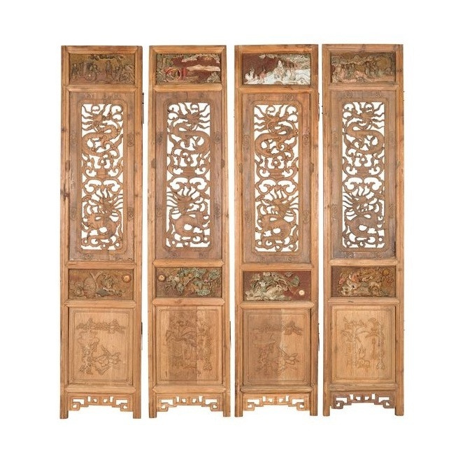 Wooden Partisan 4 Panel Wooden Partition Folding Round Work Screen Room Divider Four Piece Folding