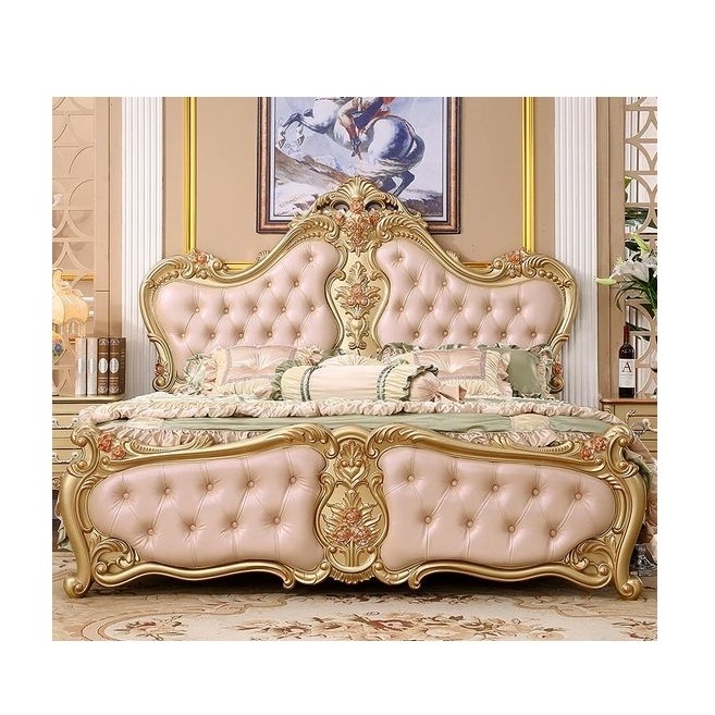 European Golden Solid Wood Furniture Hand Carving Canopy Bed King Size Classical Luxury Gold Bedroom King Size Bed