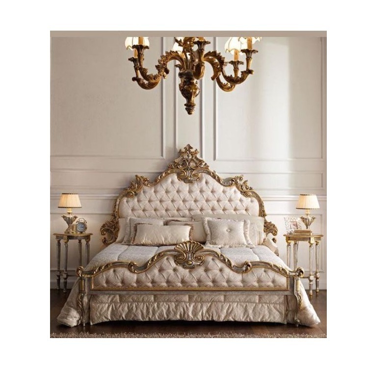 European Golden Solid Wood Furniture Hand Carving Canopy Bed King Size Classical Luxury Gold Bedroom