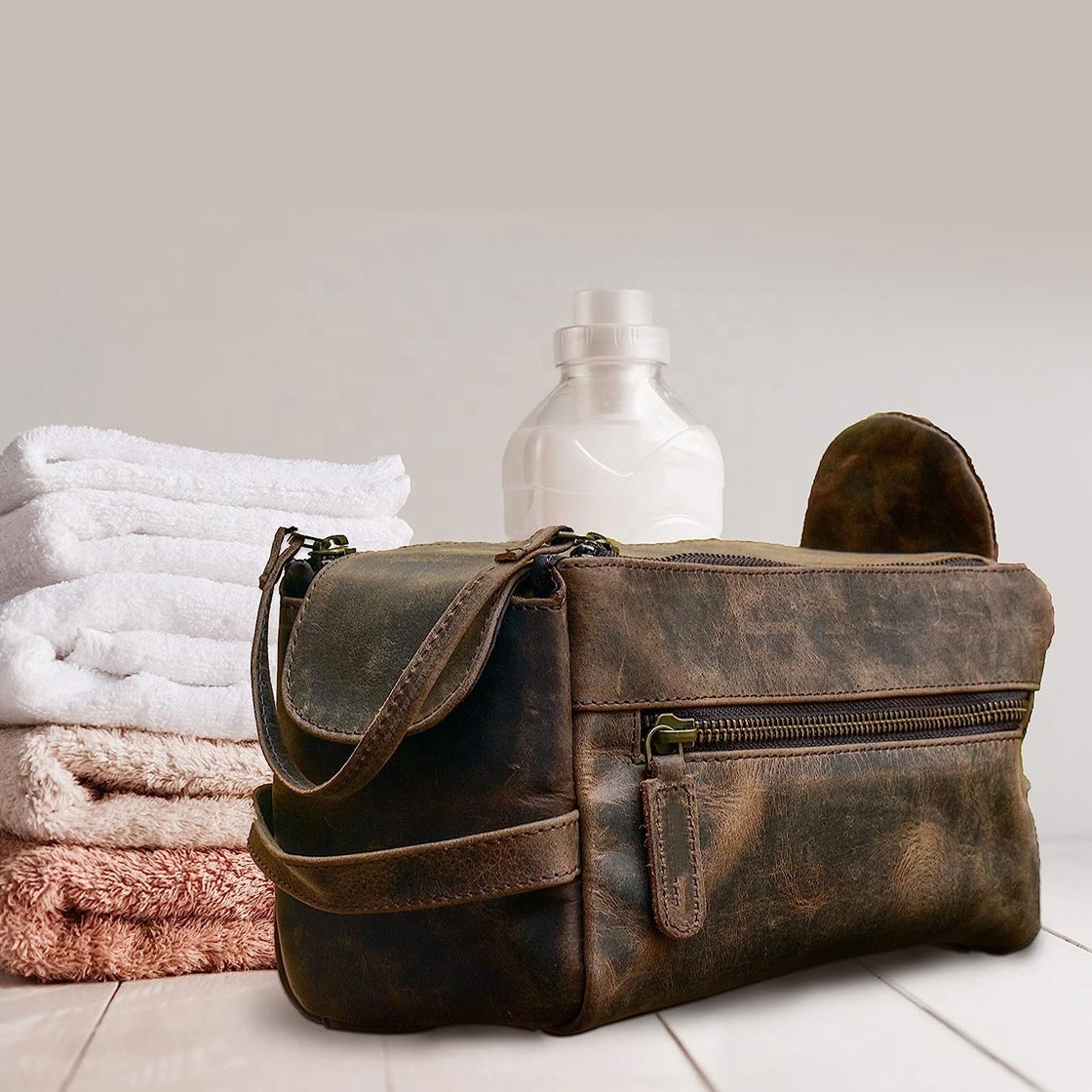 Acidwash Original Leather Wholesale Travel Toiletry Organizer Dopp Kit Water-resistant Shaving Bag for Toiletries Accessories